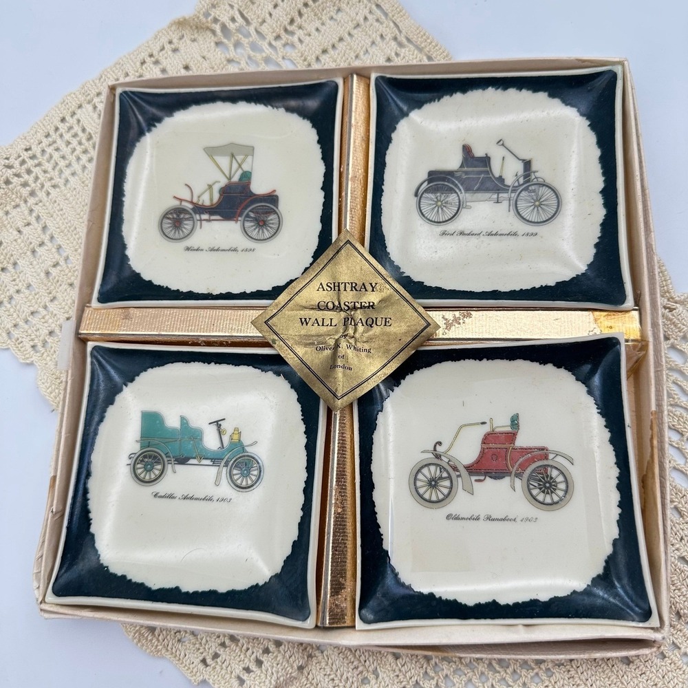 Oliver K Whiting London Vintage Antique Car Ashtray Coaster Wall Plaque Set of 4
